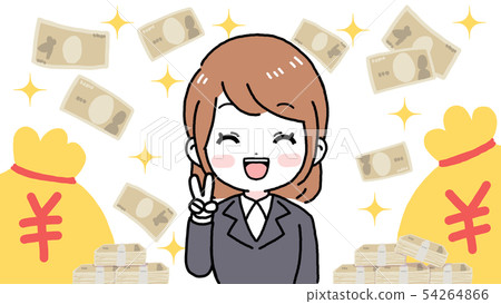 一個穿著西裝的微笑而快樂的女人(棕色鮑勃)賺了很多錢 一個穿著西裝的微笑而快樂的女人(棕色鮑勃)賺了很多錢 54264866