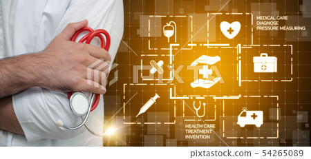 Doctor with Medical Healthcare Graphic in Hospital Doctor with Medical Healthcare Graphic in Hospital 54265089