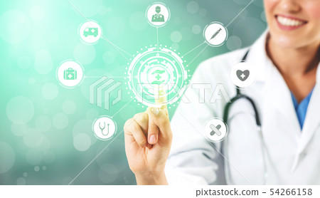 Doctor with Medical Healthcare Graphic in Hospital Doctor with Medical Healthcare Graphic in Hospital 54266158