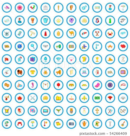 100 exhibition icons set, cartoon style 54266409