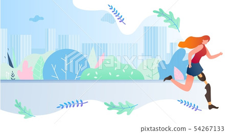 Disabled Girl Runs Through City Cartoon Flat. Disabled Girl Runs Through City Cartoon Flat. 54267133