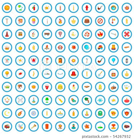 100 fire icons set, cartoon style 54267932