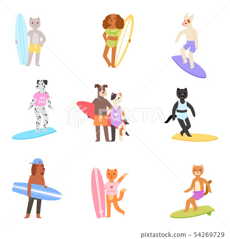 Surf vector cat dog animal surfer character surfing on surfboard illustration animalistic set of Surf vector cat dog animal surfer character surfing on surfboard illustration animalistic set of 54269729