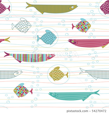 Seamless pattern with cute hand drawn fishes, - Stock Illustration ...