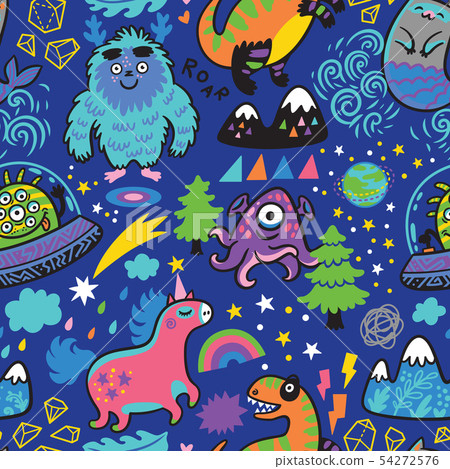 Rainbow seamless pattern with magic creatures in cartoon style. Rainbow seamless pattern with magic creatures in cartoon style. 54272576