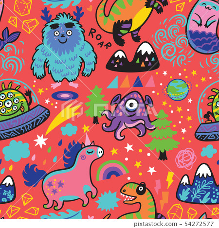 Rainbow seamless pattern with magic creatures in cartoon style. 54272577