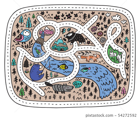 Forest adventure car track with animals, mountains, forest and river. Vector illustration 54272592