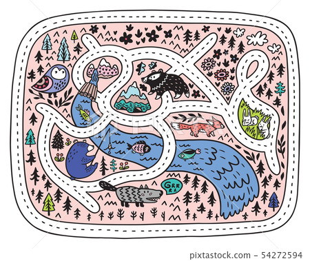Forest adventure car track with animals, mountains, forest and river. Vector illustration 54272594