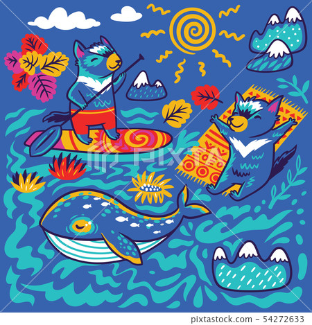 Summer print with whale and Tasmanian devil characters in decorative ornamental style. Vector Summer print with whale and Tasmanian devil characters in decorative ornamental style. Vector 54272633