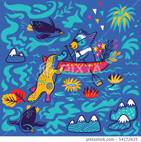 The Tasmanian devil kayaking with the platypus. Vector cartoon print 54272635