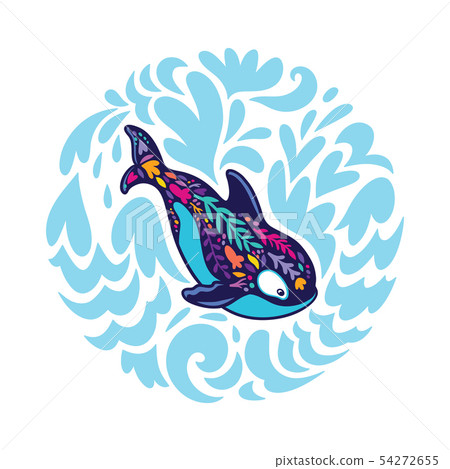 Floral orca whale in the circle of decorative waves. Vector illustration 54272655