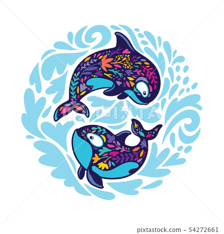 Floral orca whales in the circle. Vector illustration 54272661
