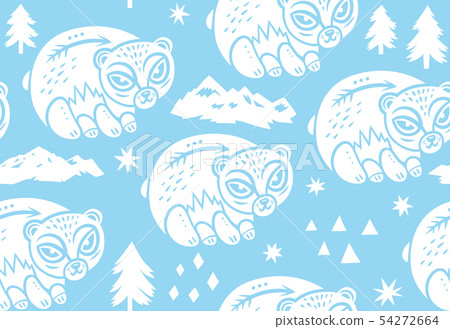 Childish seamless pattern with white polar bear, mountain, tree and triangles. Vector background in Childish seamless pattern with white polar bear, mountain, tree and triangles. Vector background in 54272664