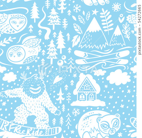 Snowy endless background of ski resort with chalet, mountains and forest animals. Vector Snowy endless background of ski resort with chalet, mountains and forest animals. Vector 54272665