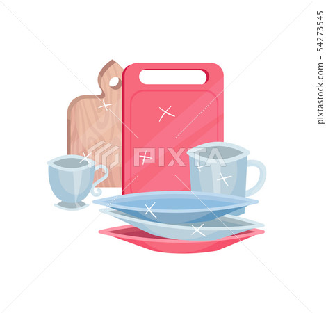 Clean two cutting boards, mugs and plates. Vector illustration on white background. 54273545