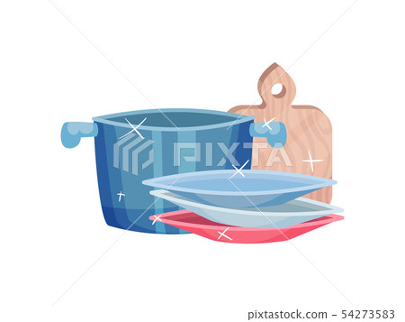 Clean plates, pan and cutting board. Vector illustration on white background. Clean plates, pan and cutting board. Vector illustration on white background. 54273583