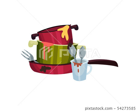 Dirty pots in a frying pan. Vector illustration on white background. Dirty pots in a frying pan. Vector illustration on white background. 54273585