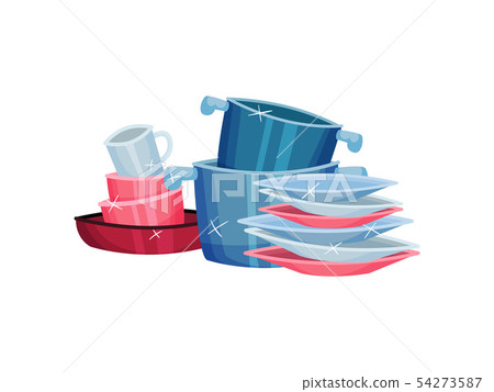 Piles of clean pots, cups and plates. Vector illustration on white background. Piles of clean pots, cups and plates. Vector illustration on white background. 54273587