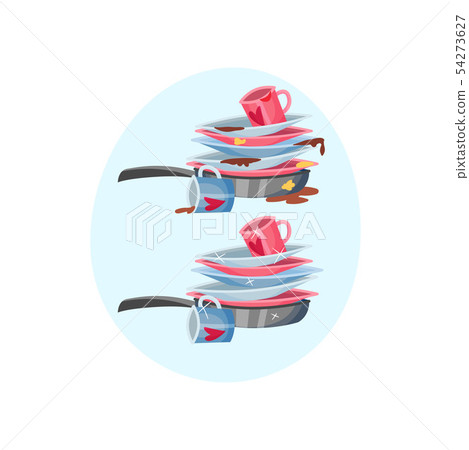 Stack of plates in the pan. Vector illustration on blue oval shape background. 54273627