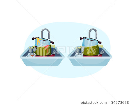 Ware in the sink before and after washing. Vector illustration on blue oval shape background. Ware in the sink before and after washing. Vector illustration on blue oval shape background. 54273628