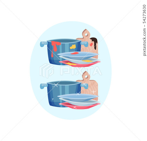 Many different dishes before and after washing. Vector illustration on blue oval shape background. Many different dishes before and after washing. Vector illustration on blue oval shape background. 54273630