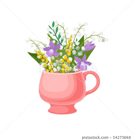 Lilies of the valley in a pink mug. Vector illustration on white background. Lilies of the valley in a pink mug. Vector illustration on white background. 54273668