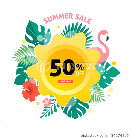 Summer sale banner with flamingo and tropical... - Stock Illustration ...