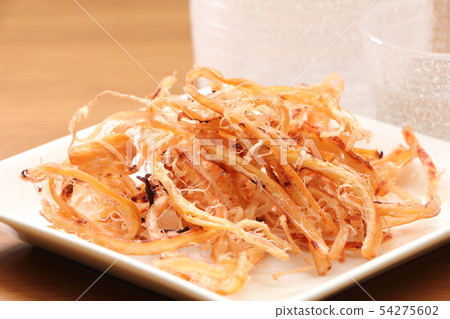 sakiika. At the back is a glass bottle of sake and porridge. A snack image of sake. sakiika. At the back is a glass bottle of sake and porridge. A snack image of sake. 54275602