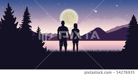 couple in love at beautiful lake at night with... - Stock Illustration ...