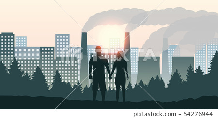 couple looks direction city and pollution by industry 54276944