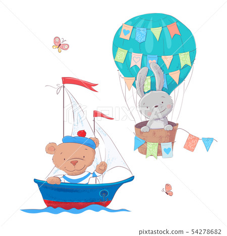 Cute cartoon animals transport vehicle ship and balloon. Vector 54278682