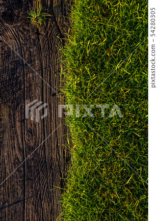 old wood texture and green grass background 54280305