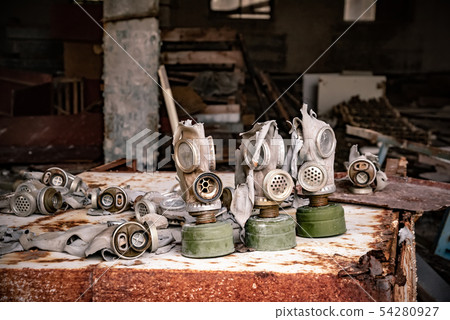 Old Gas mask in settlement, Chernobyl Exclusion Zone Ukraine Old Gas mask in settlement, Chernobyl Exclusion Zone Ukraine 54280927