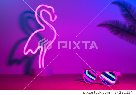 Summer time with flamingo,palm leaf,sunglasses Summer time with flamingo,palm leaf,sunglasses 54281134