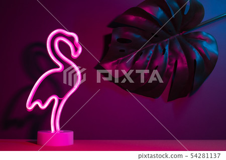 Summer pink flamingo and monstera leaf with neon Summer pink flamingo and monstera leaf with neon 54281137