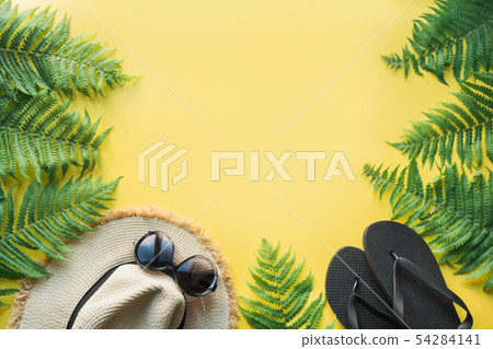 Female beach straw hat, sunglasses, flip flops. Female beach straw hat, sunglasses, flip flops. 54284141