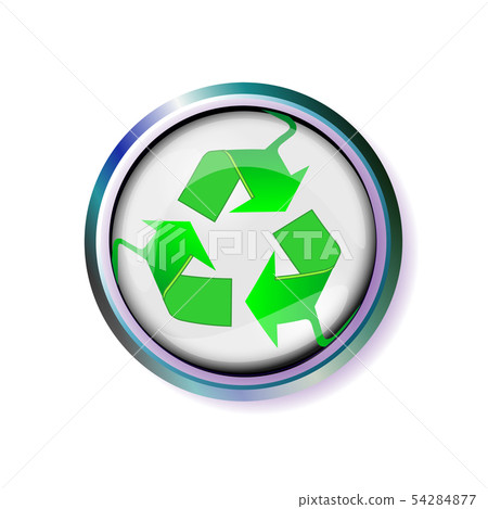 Button with the Recycling sign in silver frame. Button with the Recycling sign in silver frame. 54284877