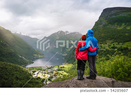 View of the tourist village Geiranger, Norway 54285607