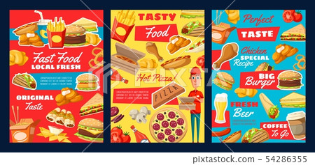 Fast food pizza, burger, hot dog, fries, coffee Fast food pizza, burger, hot dog, fries, coffee 54286355