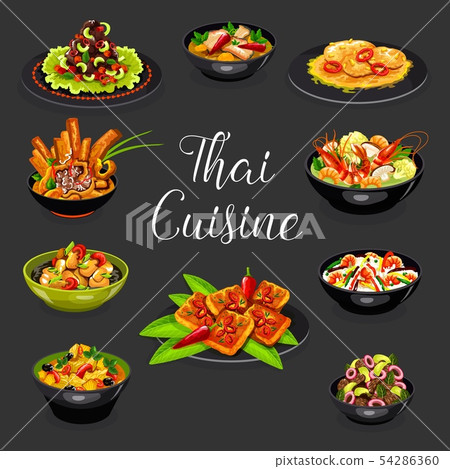 Thai cuisine seafood soup, meat salad with veggies Thai cuisine seafood soup, meat salad with veggies 54286360