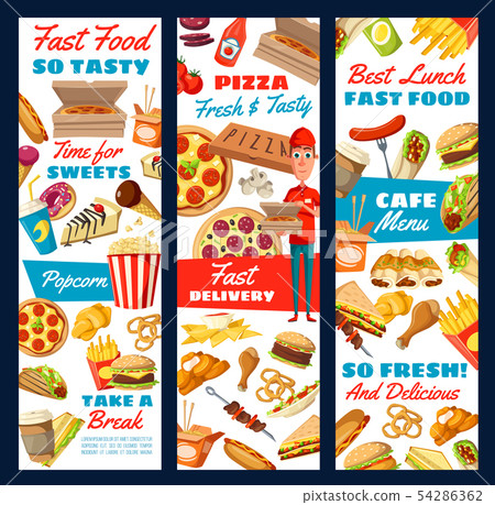 Fast food pizza, burger and fries. Delivery sevice