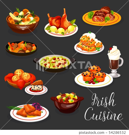 Irish cuisine meat stew and fish, coffee, dessert 54286532