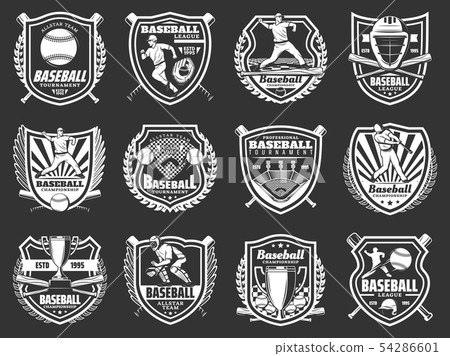 Baseball sport ball, bat, player, trophy badges Baseball sport ball, bat, player, trophy badges 54286601