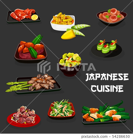 Japanese sushi roll, meat, veggies, seafood dishes 54286630
