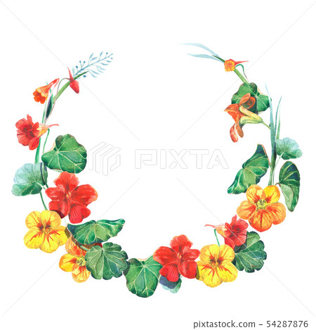 Watercolor round frame template with nasturtium flowers 54287876