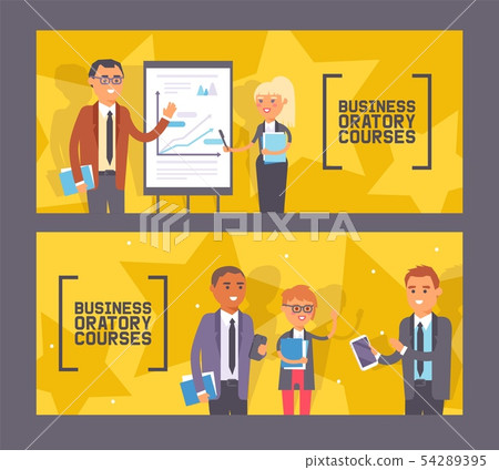 Business oratory courses set of banners vector illustration. Woman and man standing near Business oratory courses set of banners vector illustration. Woman and man standing near 54289395