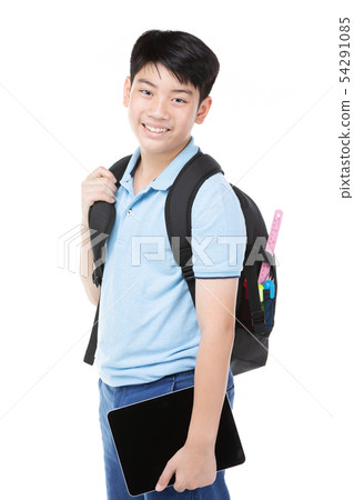 Cute asian child with school stationery on white 54291085