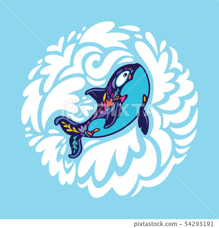 Floral orca whale in the circle of decorative waves. Vector illustration 54293191