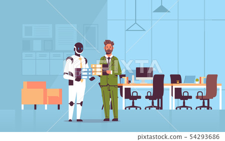 overworked businessman and robot holding folder stack coworkers standing together paperwork overworked businessman and robot holding folder stack coworkers standing together paperwork 54293686