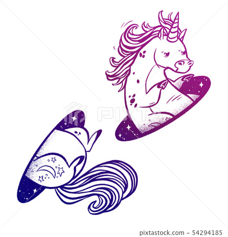 Unicorn in magic teleport. Linear drawing in bright vibrant gradient color. 54294185